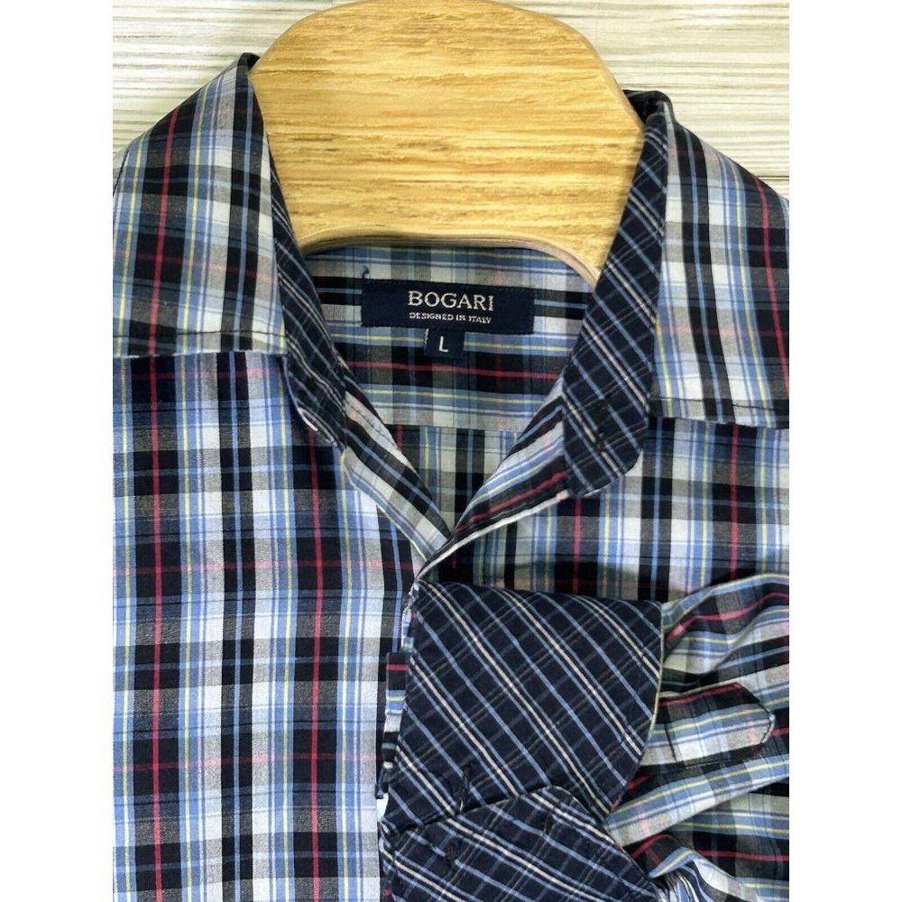 Bogari Men's Blue Black Red Plaid Designed in Italy Sz Lg Flip Cuff Long Sleeve